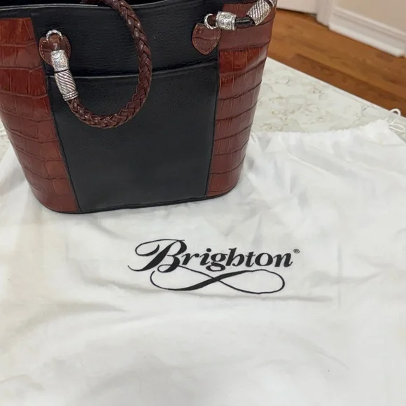 Brighton Caroline Bucket Purse Handbag Tote Black Leather Brown Croc & Dust Bag - Picture 10 of 10